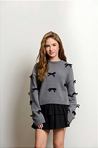 Blusa Tricot Com Lacos Cinza Grafite Authoria