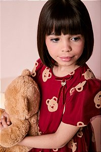 Vestido Infantil De Tule Ursinhos Bordo Momi