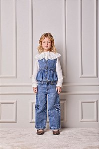 Calca Jeans Infantil Wide Utilitária Animê