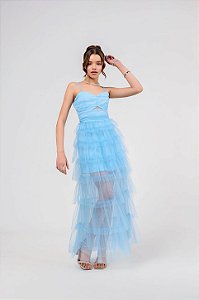 Vestido Com Tule Azul Fantine Bobbyluu