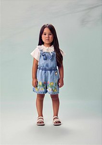 Jardineira Jeans Bordado Flor Anime