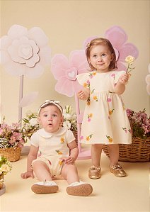 Vestido Bebe Bordado Flor  Bege Momi