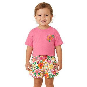 Conjunto Infantil Rosa Shorts Floral Jaca Lele
