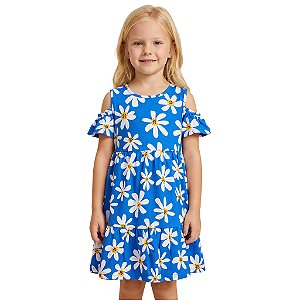 Vestido Infantil Azul Flores Brancas Jaca Lele