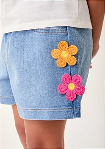 Shorts Infantil Jeans Flores Aplicadas Bimbi