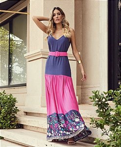 Vestido Longo Pink e Azul Bordado Nina - Desnude