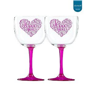 02 Taças de Gin Bicolor rosa translúcido 580 Ml Personalizadas 'Coração Love you'