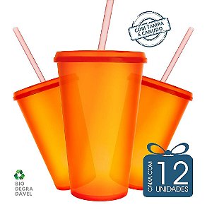 12 Copos Ecológico Biodegradável 550 ml laranja neon com Tampa e Canudo