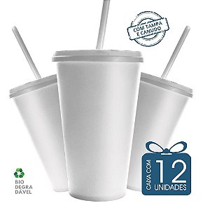 12 Copos Ecológico Biodegradável 550 ml Branco  com Tampa e Canudo