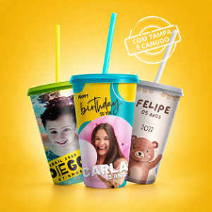 100 Copos EcoLabel 550 ml - C/ TAMPA E CANUDO - Biodegradável Personalizados 360°