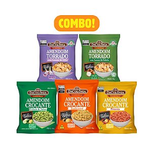 COMBO | 5 UN AMENDOIM SNACKS (Sabores de 90g: Lascas de Alho + Lascas de Cebola + Crocante Tradicional + Crocante Cebola e Salsa + Crocante Pimenta)
