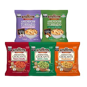COMBO | 5 UN AMENDOIM SNACKS (Sabores de 90g: Lascas de Alho + Lascas de Cebola + Crocante Tradicional + Crocante Cebola e Salsa + Crocante Pimenta)