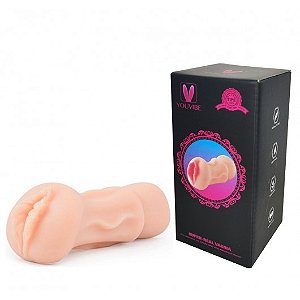 Masturbador formato vagina com lábios texturizados e saliências internas.