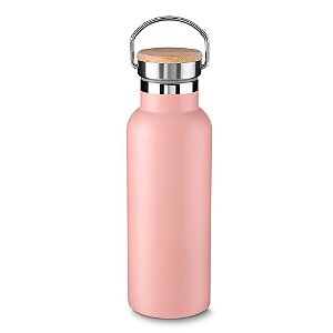GARRAFA AÇO INOX TAMPA BAMBU - TÉRMICA ROSA 500 ML