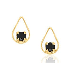 BRINCO ROMMANEL DOURADO FORMATO GOTA LISA COM CRISTAL NEGRO 525030