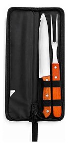 Kit Churrasco Tradicional 2 Peças Inox com Cabo de Madeira e Bolsa de Transporte