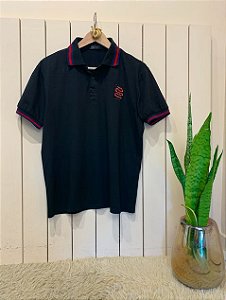 GUCCI camisa polo preta com gola vermelha e azul bordado ilustração de  cobra tamanho P - Second Hand / Brecho