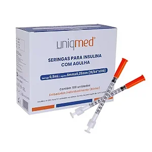 Seringa para Insulina 0,5mL (50UI) Agulha 6x0,25mm 31G Caixa com 100unid