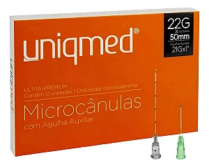 Microcânulas Uniqmed 22Gx50mm com Agulha Auxiliar Caixa 12 Unidades