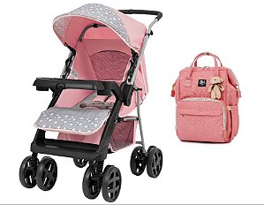 Kit Carrinho de Bebê Tutti Baby Joy II Rosa + Mochila Maternidade Impermeável Rosa BH Store BHSMOC47