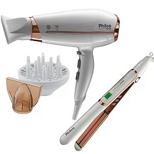 Kit Philco Secador de Cabelo Beauty Rose 127V + Prancha Infrared Rose Bivolt