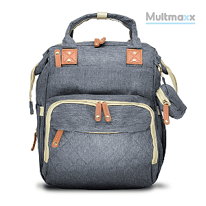 Mochila Maternidade Impermeável Cinza Premium com porta chaves Multmaxx