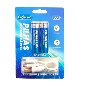 Pilha AA Recarregável USB-C Knup 2700mAh KP-2700AA - 2 UN