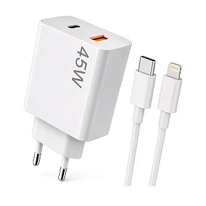 Fonte Celular USB-A + USB-C 45W + Cabo USB-C para Lightning 1m Lehmox Branco