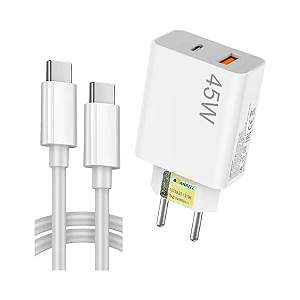 Fonte Celular USB-A + USB-C 45W + Cabo USB-C para USB-C 1m Lehmox Branco