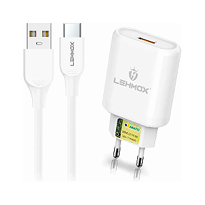 Fonte Celular USB-A 15W + Cabo USB-A para USB-C 1m Lehmox Branco