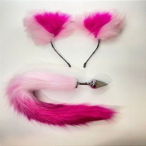 Kit Orelhas de Pelúcia com Plug Anal Em Aço e Calda Raposa Pink