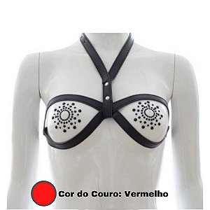 Arreio Em Couro Vermelho Feminino Sutiã Arnês Detalhes Rebite