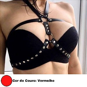 Sutiã Em Couro Vermelho Fetiche Lingerie Arnês Sexy Detalhes em Metal