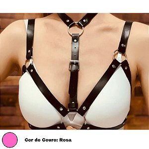 Sutiã Lingerie Em Couro Rosa Arreio Feminino Detalhes em Metal