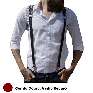 Suspensório Em Couro Vinho Masculino Com Detalhes em Metal