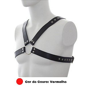 Arreio Fetiche Masculino em Couro e Argola Vermelho Arnês BDSM