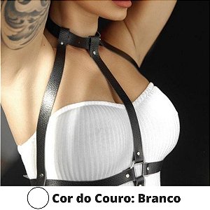 Arreio em Couro Branco Colar Body Harness Sexy Feminino BDSM