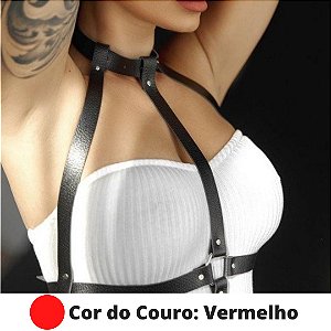 Arreio em Couro Vermelho Colar Body Harness Sexy Feminino BDSM