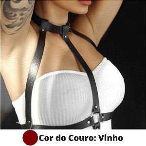 Arreio em Couro Vinho Colar Body Harness Sexy Feminino BDSM