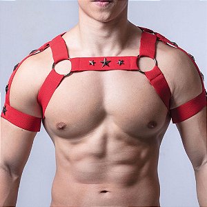 Arreio Masculino Harness Peitoral E Ombreira Feito em Elástico Vermelho