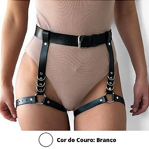 Cinturão Arreio Harness Com Perneira Sexy Branco Em Couro