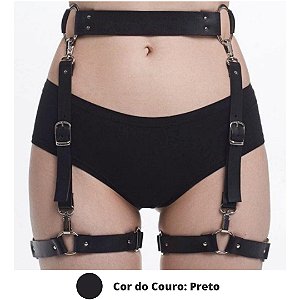 Cinto Arreio Com Regulagem e Perneira Em Couro Preto Harness BDSM