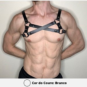 Arreio Harness Masculino Peitoral em Couro Branco Com Detalhes e Argolas