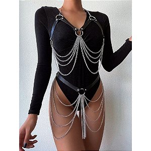 Conjunto Feminino Harness Sutiã Com Saia Fetiche Detalhes em Correntes