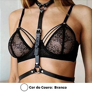 Coleira Sexy Em Couro Branco Regulável Com Argolas de Metal