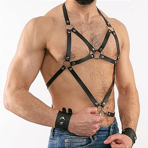 Peitoral Masculino Harness Em Couro Preto Sado Fetiche Leather