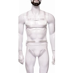 Body Arreio Harnes Masculino em Elástico Branco Com Cinto e Peitoral