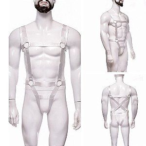 Arreio Harness Masculino Em Elástico Branco Completo Peitoral