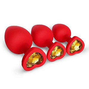 Kit Com 3 Plugs Anais Coração Em Silicone Vermelho Com Pedra