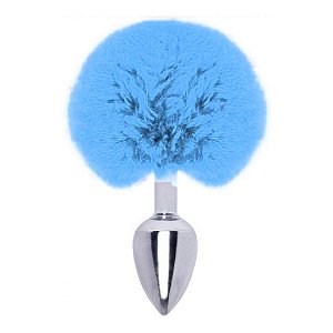 Plug Anal Liso em Aço Com Pompom Coelhinho Azul 6x2,8 Cm